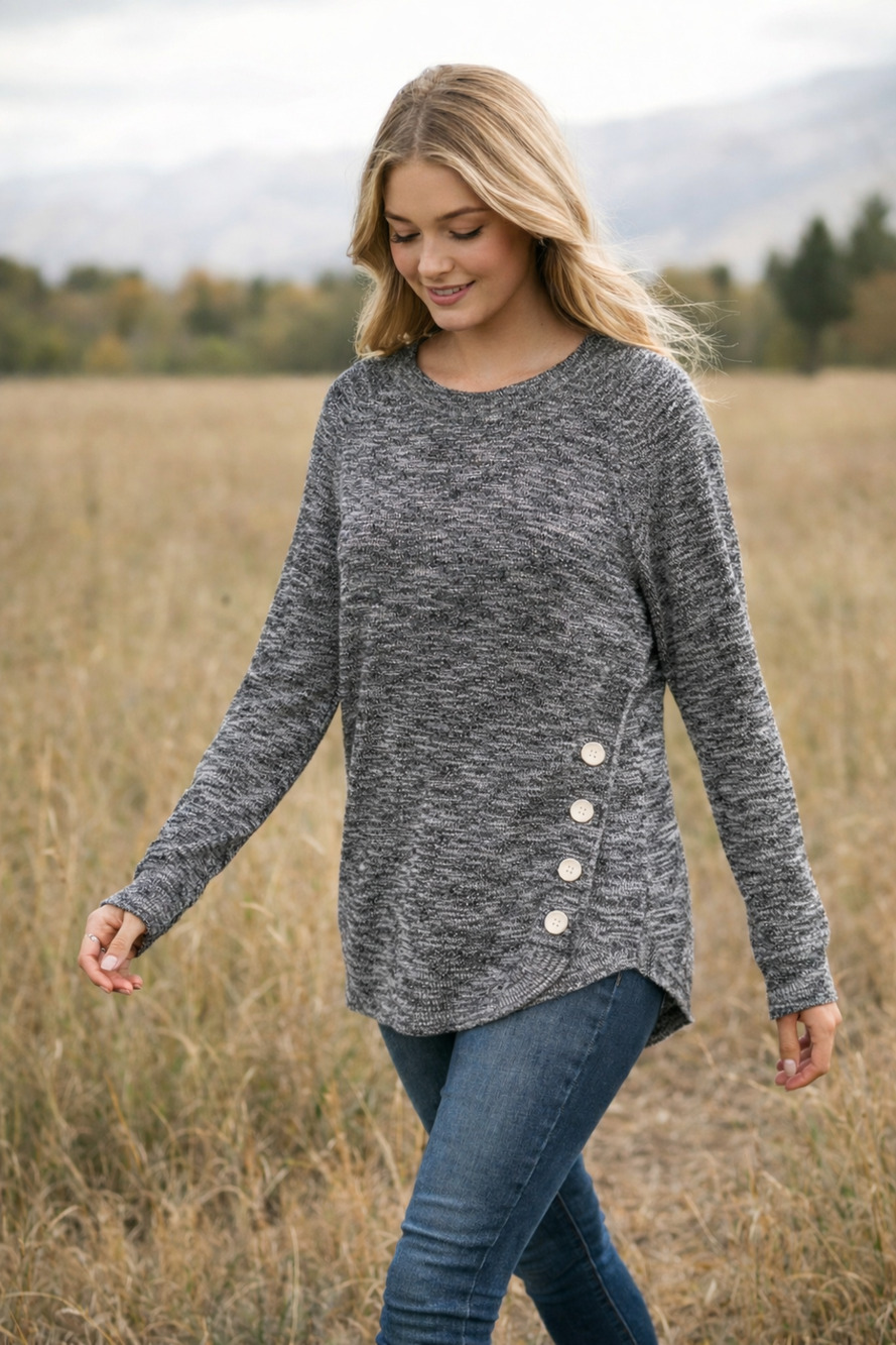 Lane Bryant Sweater Womens 14/16 Gray Marled Side Button 100% Cotton Knit